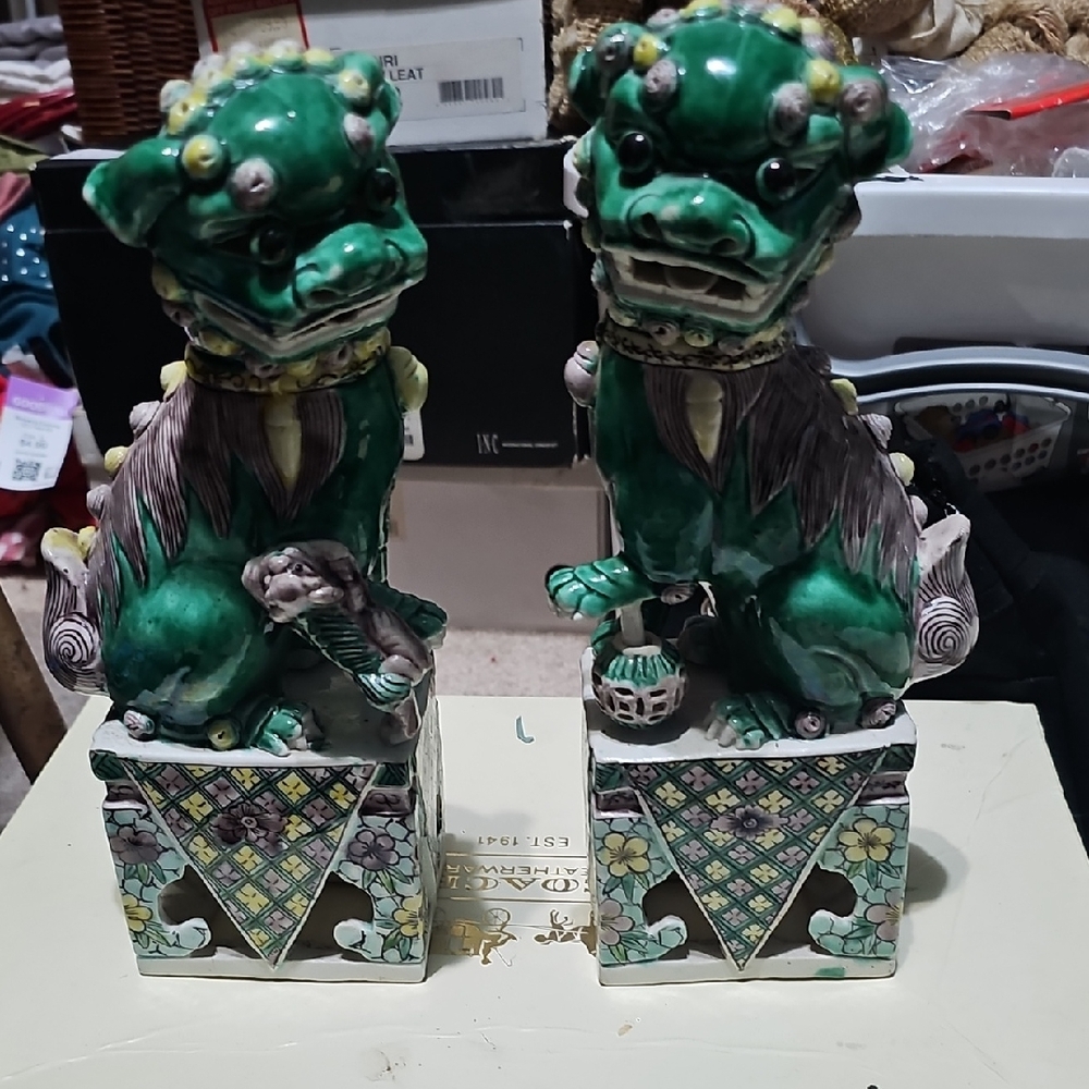 Green Ceramic Foo Dog Statues